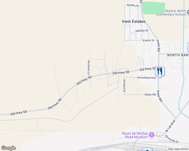 map of restaurants, bars, coffee shops, grocery stores, and more near 28664 Old Highway 58 in Barstow