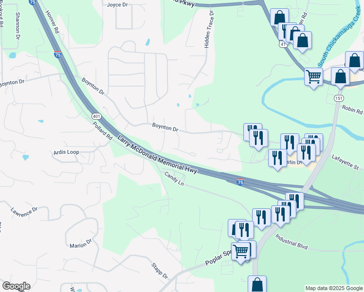 map of restaurants, bars, coffee shops, grocery stores, and more near 725 Boynton Drive in Ringgold
