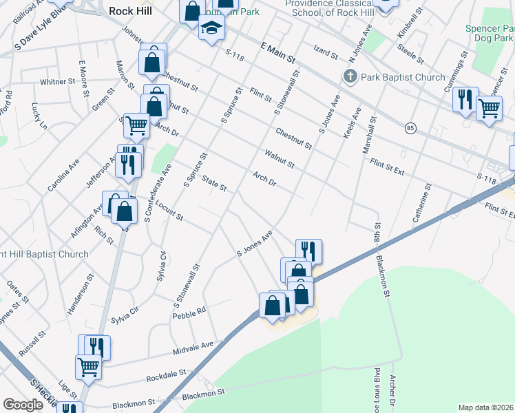 map of restaurants, bars, coffee shops, grocery stores, and more near 621 Stonewall Court in Rock Hill