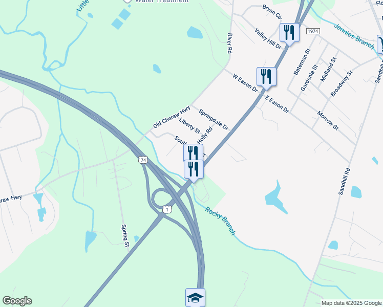 map of restaurants, bars, coffee shops, grocery stores, and more near 131 Holly Road in Rockingham