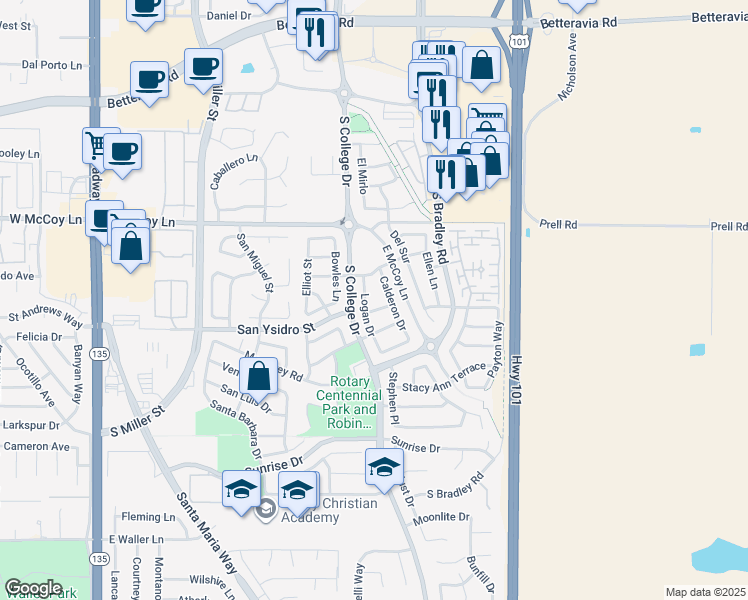 map of restaurants, bars, coffee shops, grocery stores, and more near 2530 Logan Drive in Santa Maria