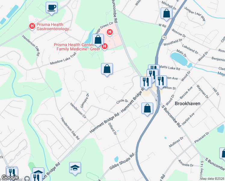 map of restaurants, bars, coffee shops, grocery stores, and more near 104 Stream Crossing Way in Greer
