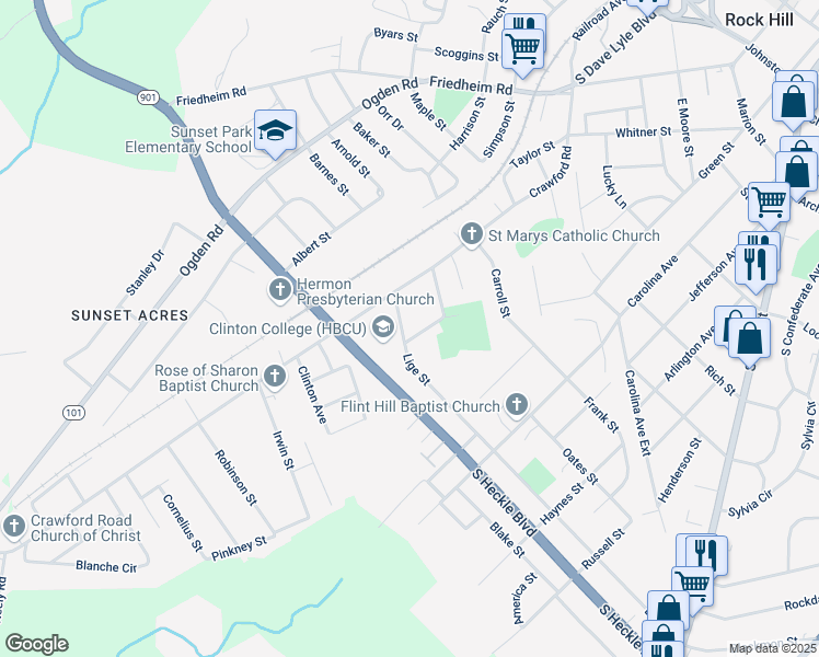 map of restaurants, bars, coffee shops, grocery stores, and more near 245 Brice Street in Rock Hill