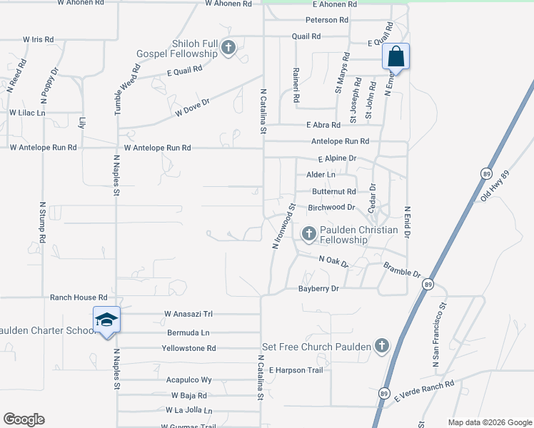 map of restaurants, bars, coffee shops, grocery stores, and more near 25345 N Lakeside Dr in Paulden