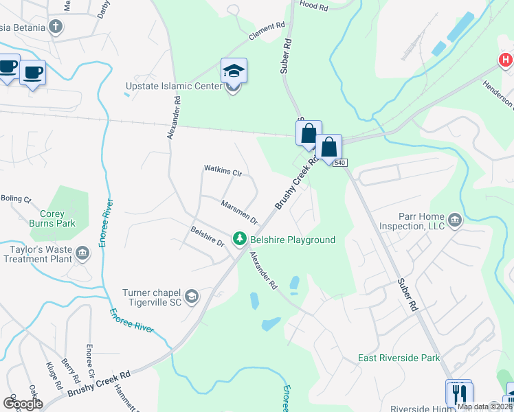 map of restaurants, bars, coffee shops, grocery stores, and more near 313 Watkins Circle in Taylors
