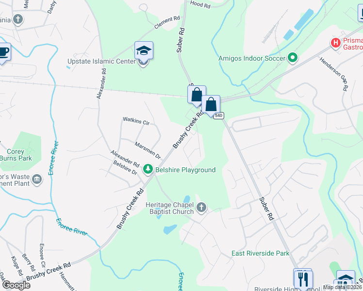 map of restaurants, bars, coffee shops, grocery stores, and more near 206 Belmar Road in Greer