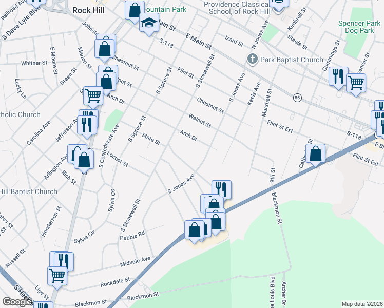 map of restaurants, bars, coffee shops, grocery stores, and more near 646 Jones Avenue South in Rock Hill