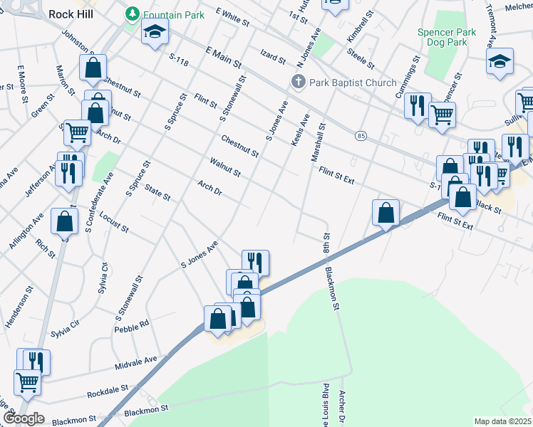 map of restaurants, bars, coffee shops, grocery stores, and more near 529 Keels Avenue in Rock Hill
