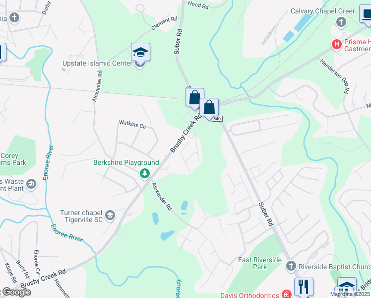 map of restaurants, bars, coffee shops, grocery stores, and more near 25 Moorlyn Lane in Greer