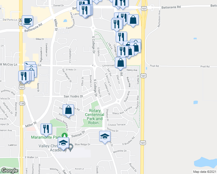 map of restaurants, bars, coffee shops, grocery stores, and more near 2544 Calderon Drive in Santa Maria