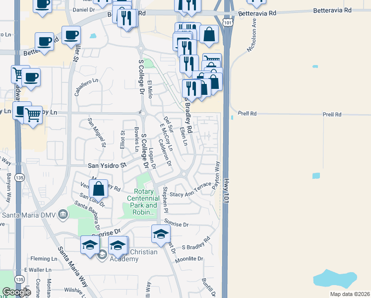 map of restaurants, bars, coffee shops, grocery stores, and more near 2549 Ellen Lane in Santa Maria