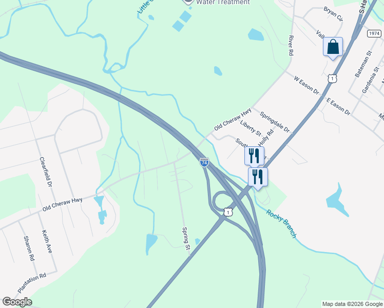 map of restaurants, bars, coffee shops, grocery stores, and more near 257 Old Cheraw Highway in Rockingham