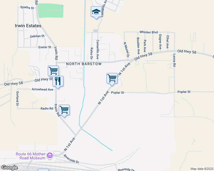 map of restaurants, bars, coffee shops, grocery stores, and more near 1460 North 1st Avenue in Barstow