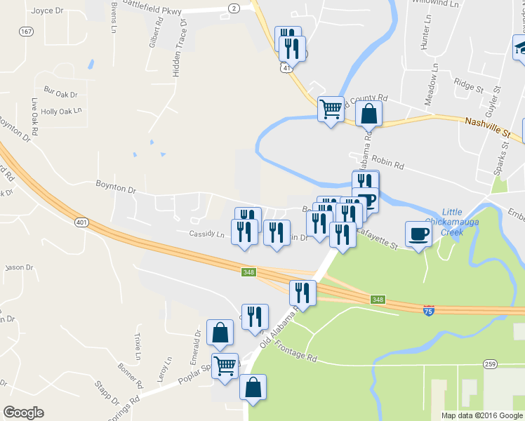 map of restaurants, bars, coffee shops, grocery stores, and more near 299 Boynton Drive in Ringgold