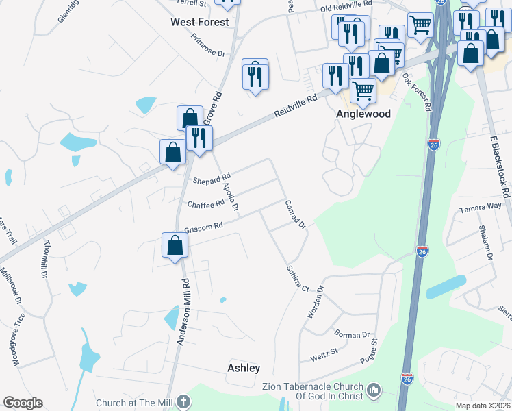 map of restaurants, bars, coffee shops, grocery stores, and more near 4447 Grissom Road in Spartanburg