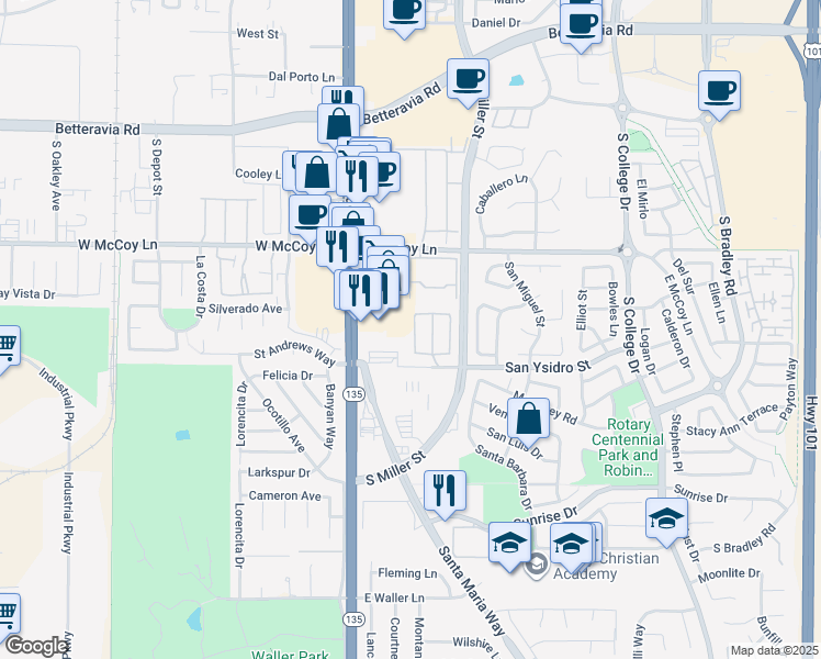 map of restaurants, bars, coffee shops, grocery stores, and more near 2515 Savoy Drive in Santa Maria