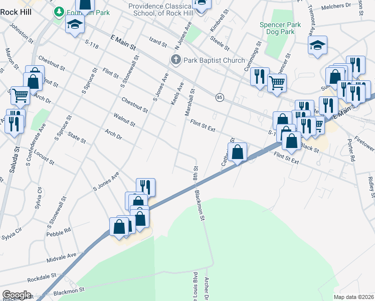 map of restaurants, bars, coffee shops, grocery stores, and more near 915 8th Street in Rock Hill