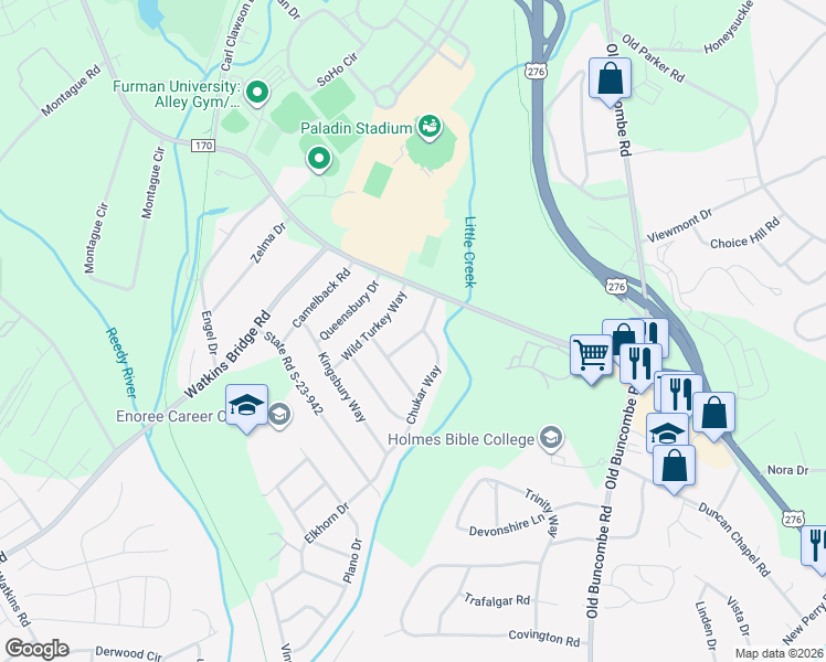 map of restaurants, bars, coffee shops, grocery stores, and more near 100 Canvasback Trail in Greenville