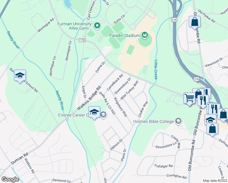 map of restaurants, bars, coffee shops, grocery stores, and more near 18 Queensbury Drive in Greenville