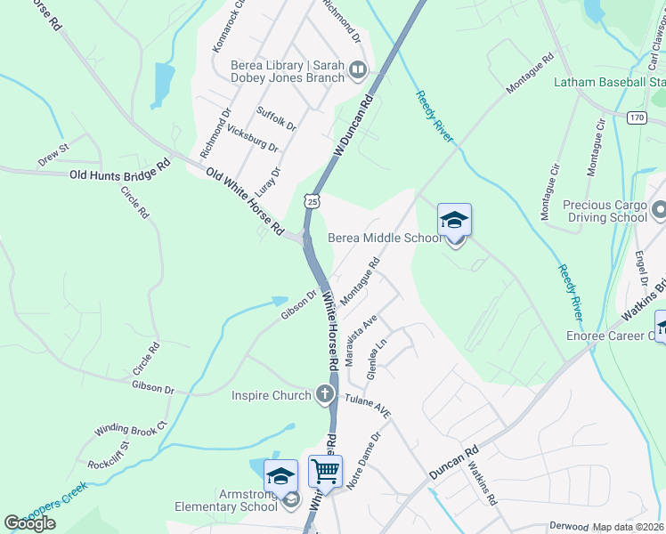 map of restaurants, bars, coffee shops, grocery stores, and more near 102 Montague Drive in Greenville
