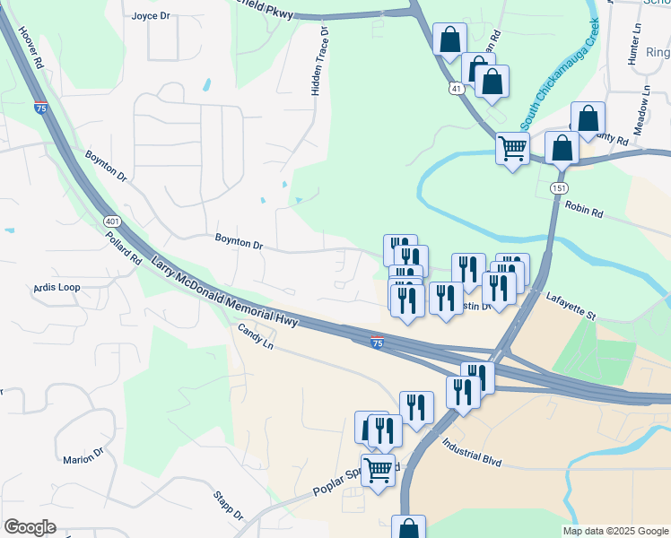 map of restaurants, bars, coffee shops, grocery stores, and more near 35 Bama Lane in Ringgold