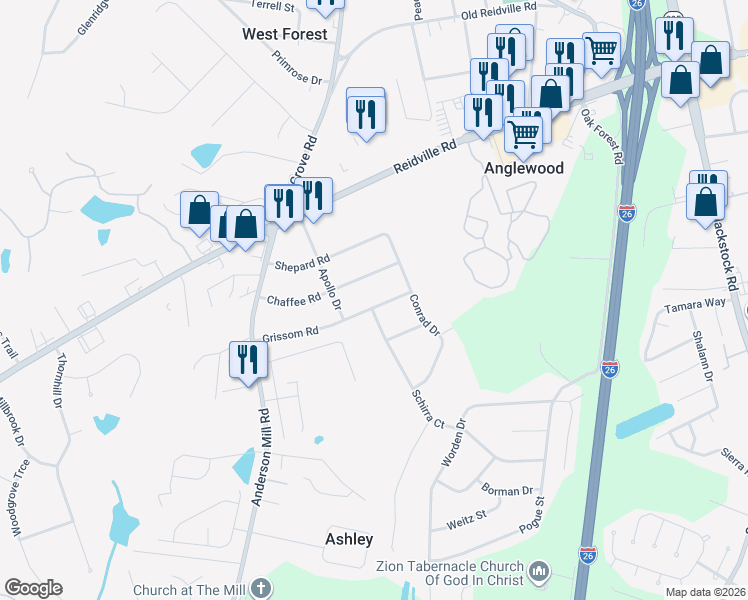 map of restaurants, bars, coffee shops, grocery stores, and more near 4447 Grissom Road in Spartanburg