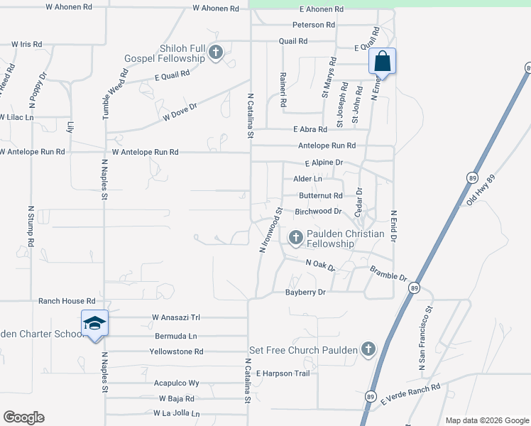 map of restaurants, bars, coffee shops, grocery stores, and more near 25345 Lakeside Drive in Paulden