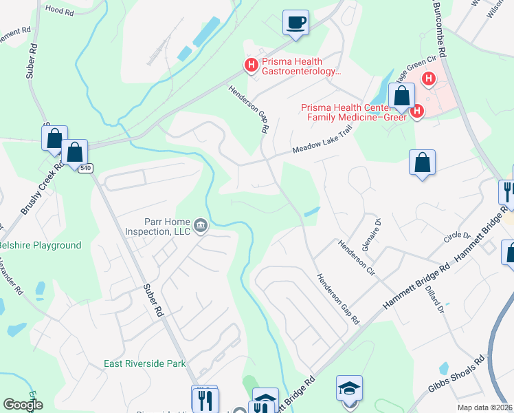 map of restaurants, bars, coffee shops, grocery stores, and more near 1379 Henderson Gap Road in Greer
