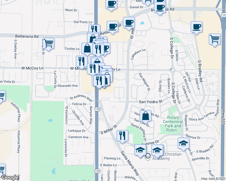 map of restaurants, bars, coffee shops, grocery stores, and more near 2515 Savoy Drive in Santa Maria