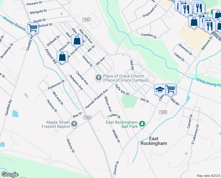 map of restaurants, bars, coffee shops, grocery stores, and more near 151 Hannah Pickett Avenue in Rockingham
