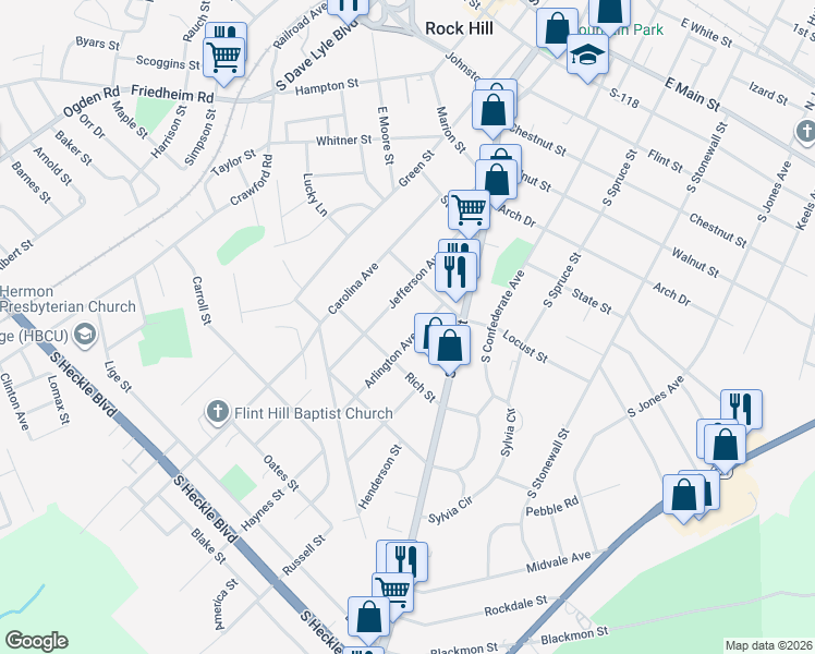 map of restaurants, bars, coffee shops, grocery stores, and more near 840 Arlington Avenue in Rock Hill