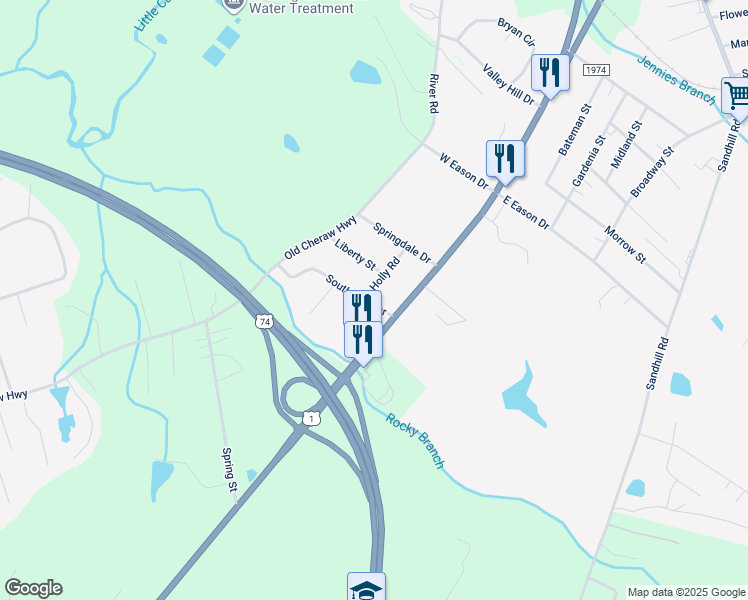 map of restaurants, bars, coffee shops, grocery stores, and more near 131 Holly Road in Rockingham