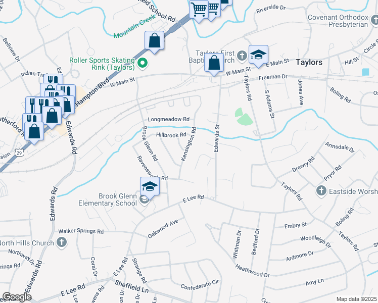 map of restaurants, bars, coffee shops, grocery stores, and more near 405 Kensington Road in Taylors