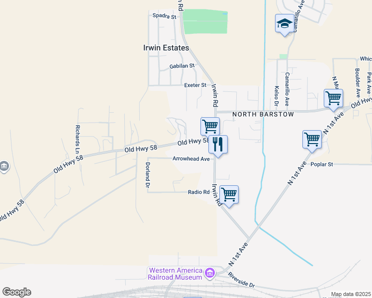 map of restaurants, bars, coffee shops, grocery stores, and more near 29072 Arrowhead Avenue in Barstow