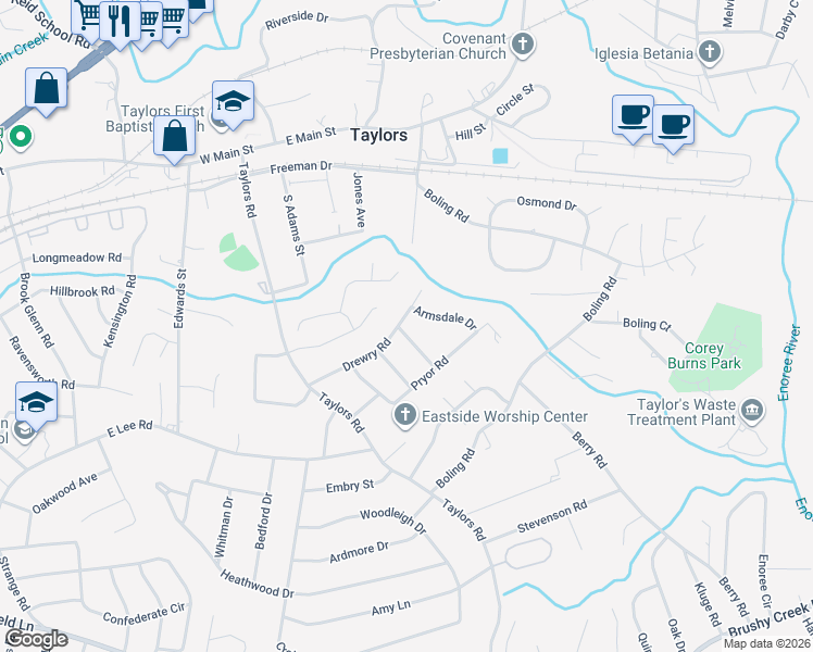 map of restaurants, bars, coffee shops, grocery stores, and more near 4 Armsdale Drive in Taylors