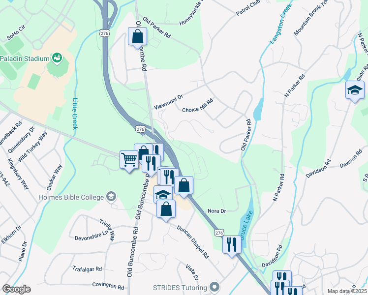 map of restaurants, bars, coffee shops, grocery stores, and more near Poinsett Highway in Greenville