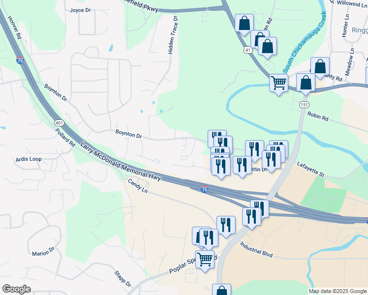 map of restaurants, bars, coffee shops, grocery stores, and more near 35 Bama Lane in Ringgold