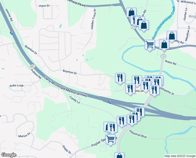 map of restaurants, bars, coffee shops, grocery stores, and more near 35 Bama Lane in Ringgold