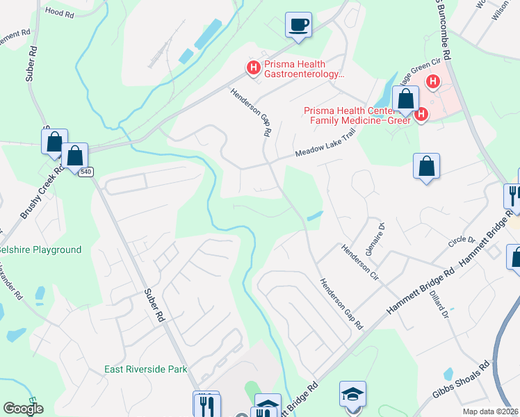 map of restaurants, bars, coffee shops, grocery stores, and more near 1379 Henderson Gap Road in Greer