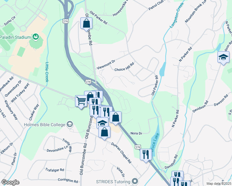map of restaurants, bars, coffee shops, grocery stores, and more near Poinsett Highway in Greenville