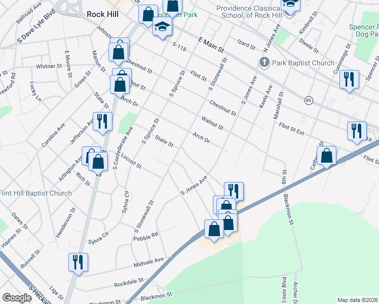 map of restaurants, bars, coffee shops, grocery stores, and more near 621 Stonewall Court in Rock Hill