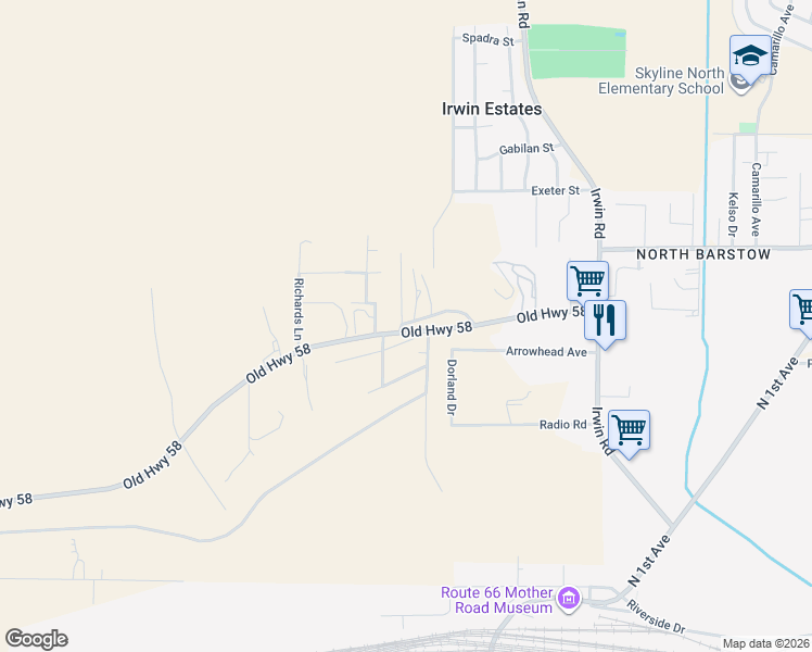 map of restaurants, bars, coffee shops, grocery stores, and more near 28836 Dobbs Road in Barstow