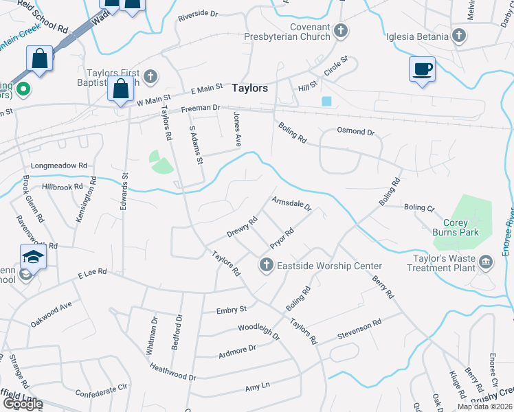 map of restaurants, bars, coffee shops, grocery stores, and more near 203 Drewry Road in Taylors