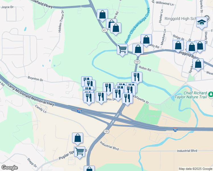map of restaurants, bars, coffee shops, grocery stores, and more near 210 Boynton Drive in Ringgold