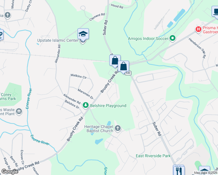 map of restaurants, bars, coffee shops, grocery stores, and more near 206 Belmar Road in Greer