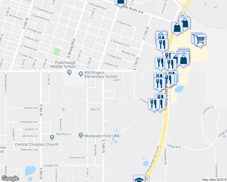 map of restaurants, bars, coffee shops, grocery stores, and more near 1408 Timber Lane in McAlester