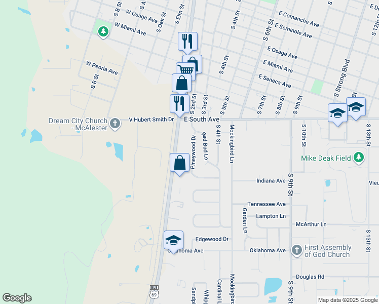 map of restaurants, bars, coffee shops, grocery stores, and more near 1521 Pineywood Drive in McAlester