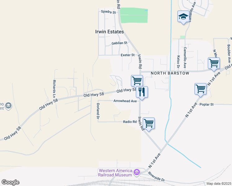 map of restaurants, bars, coffee shops, grocery stores, and more near 29077 Old Highway 58 in Barstow