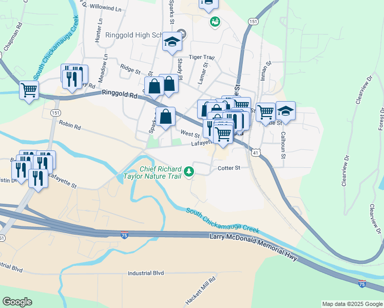 map of restaurants, bars, coffee shops, grocery stores, and more near 796 Lafayette Street in Ringgold