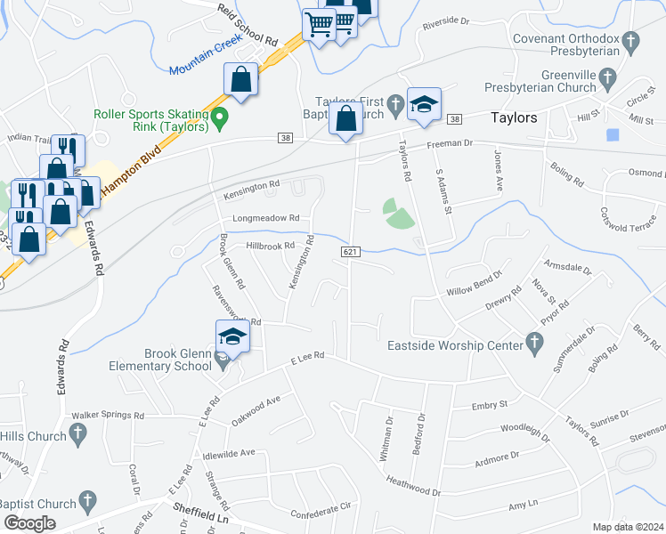 map of restaurants, bars, coffee shops, grocery stores, and more near 7 Plum Tree Court in Taylors